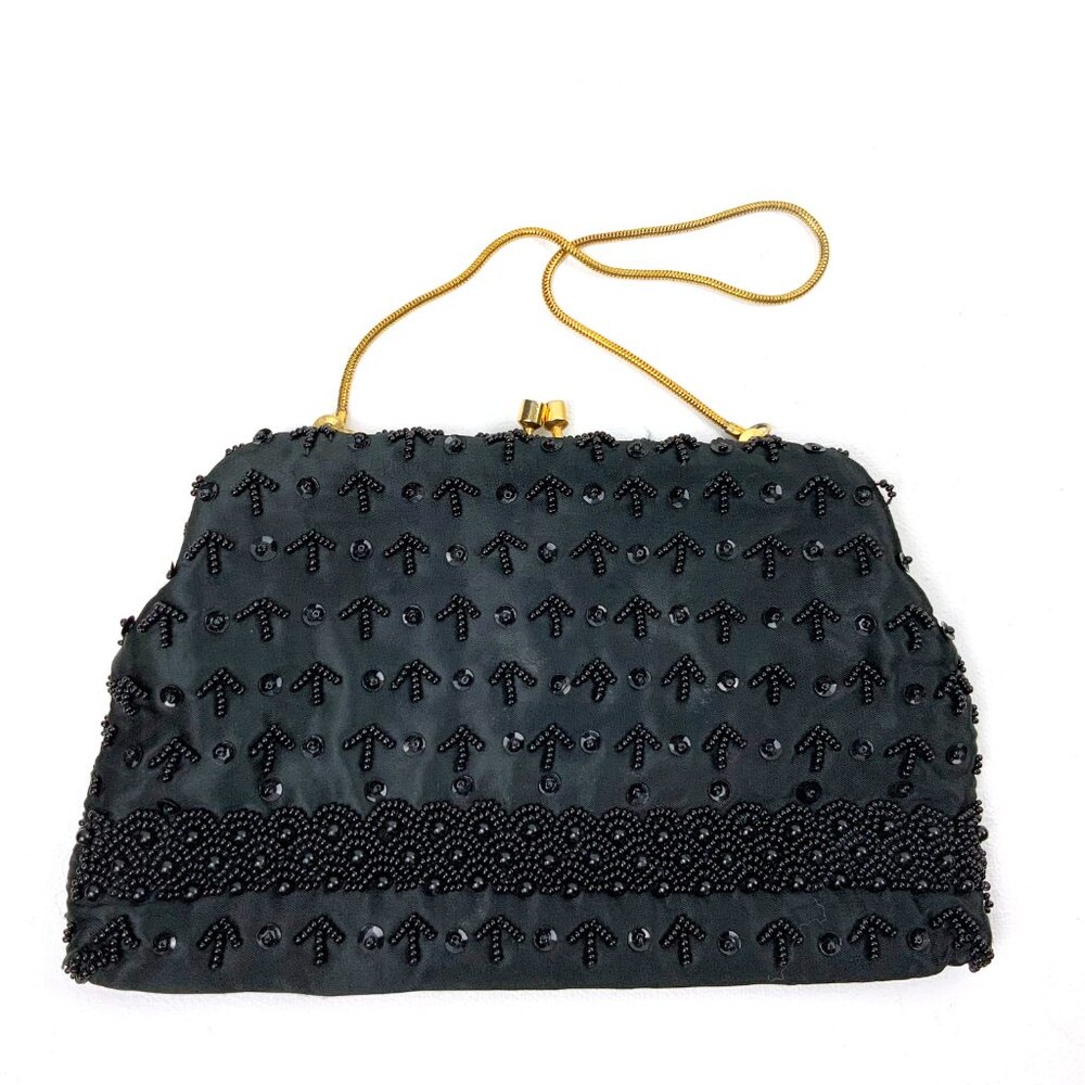Vintage 60s Black Satin Silk Beaded and Sequined Evening Party Clutch/Bag - Picture 15 of 16